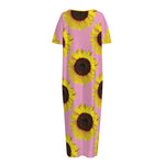 Pink Sunflower Pattern Print Short Sleeve Long Nightdress