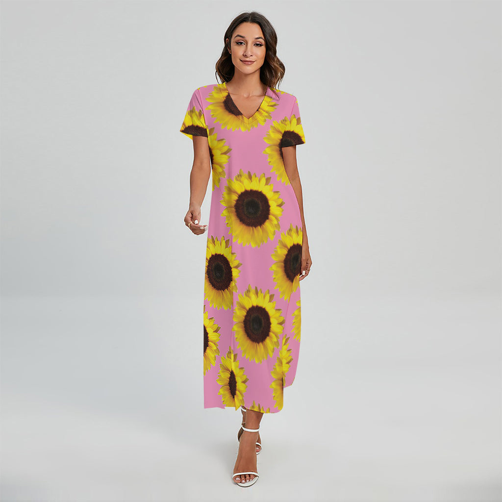 Pink Sunflower Pattern Print Short Sleeve Maxi Dress