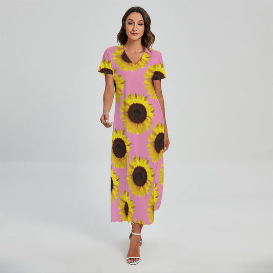Pink Sunflower Pattern Print Short Sleeve Maxi Dress