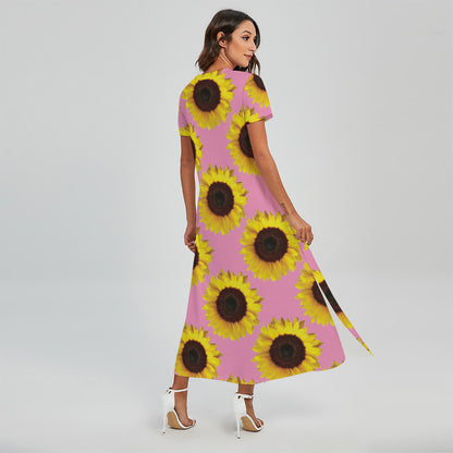 Pink Sunflower Pattern Print Short Sleeve Maxi Dress