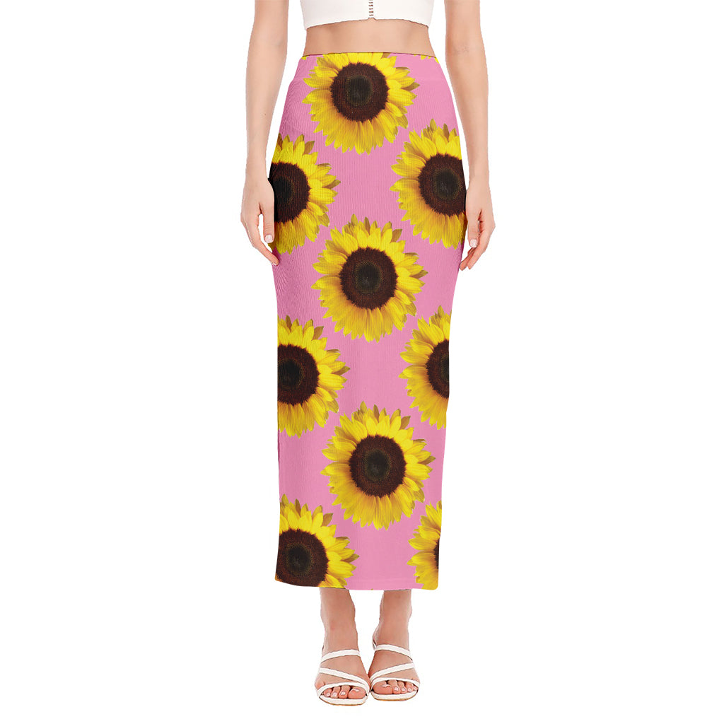 Pink Sunflower Pattern Print Side Slit Maxi Skirt