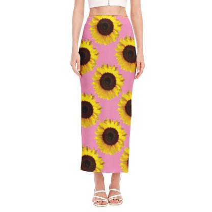 Pink Sunflower Pattern Print Side Slit Maxi Skirt