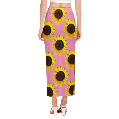 Pink Sunflower Pattern Print Side Slit Maxi Skirt