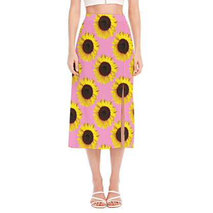 Pink Sunflower Pattern Print Side Slit Midi Skirt