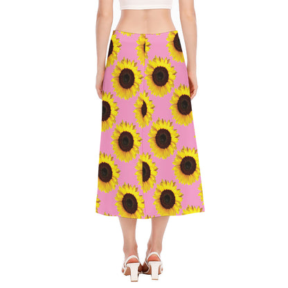 Pink Sunflower Pattern Print Side Slit Midi Skirt
