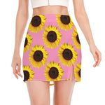 Pink Sunflower Pattern Print Side Slit Mini Skirt
