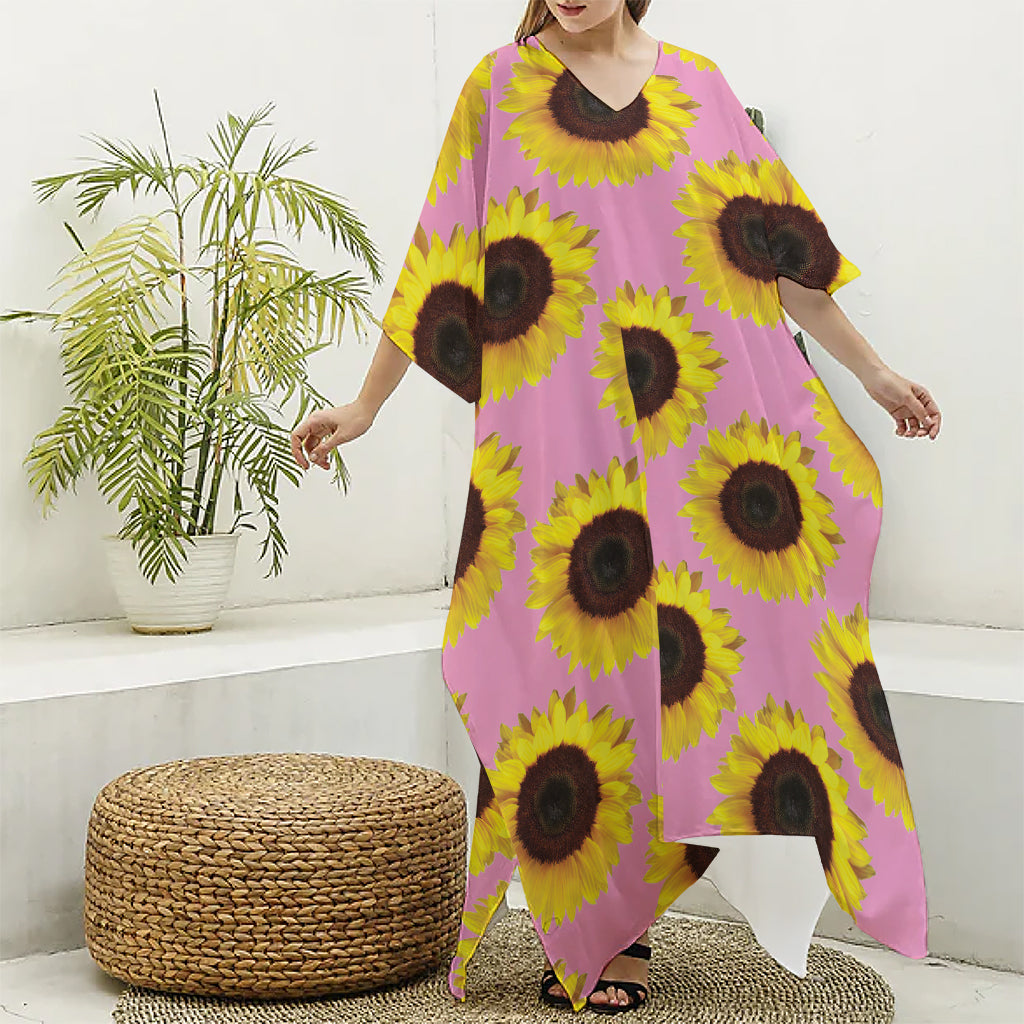 Pink Sunflower Pattern Print Silk V-Neck Kaftan Dress