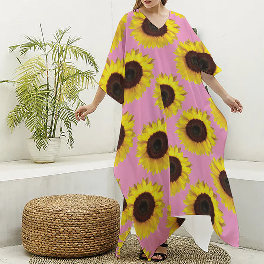 Pink Sunflower Pattern Print Silk V-Neck Kaftan Dress