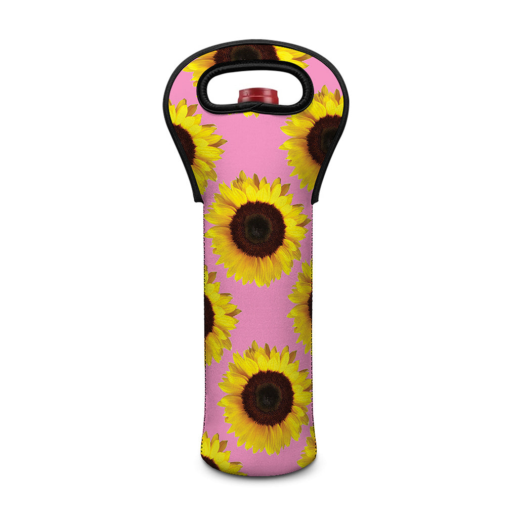 Pink Sunflower Pattern Print Single Neoprene Wine Tote