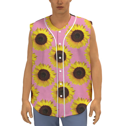 Pink Sunflower Pattern Print Sleeveless Baseball Jersey