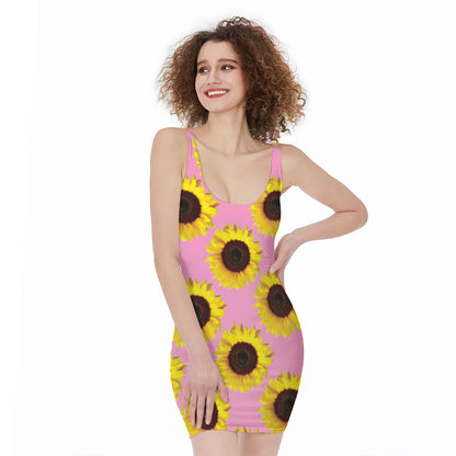 Pink Sunflower Pattern Print Sleeveless Bodycon Dress