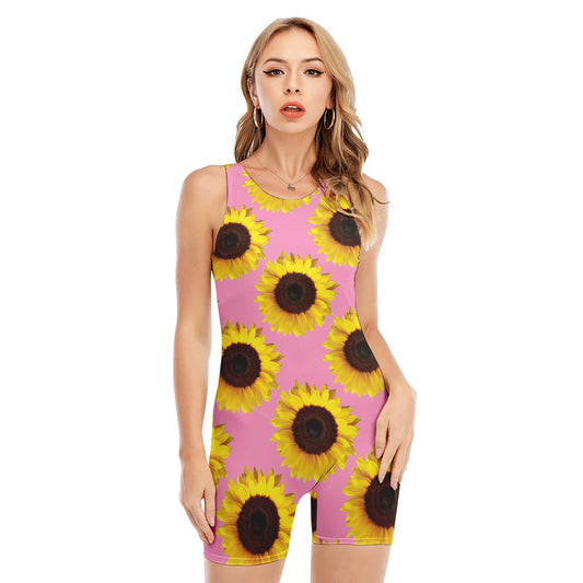 Pink Sunflower Pattern Print Sleeveless One Piece Swimsuit