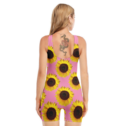 Pink Sunflower Pattern Print Sleeveless One Piece Swimsuit