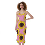 Pink Sunflower Pattern Print Slim Fit Midi Cami Dress