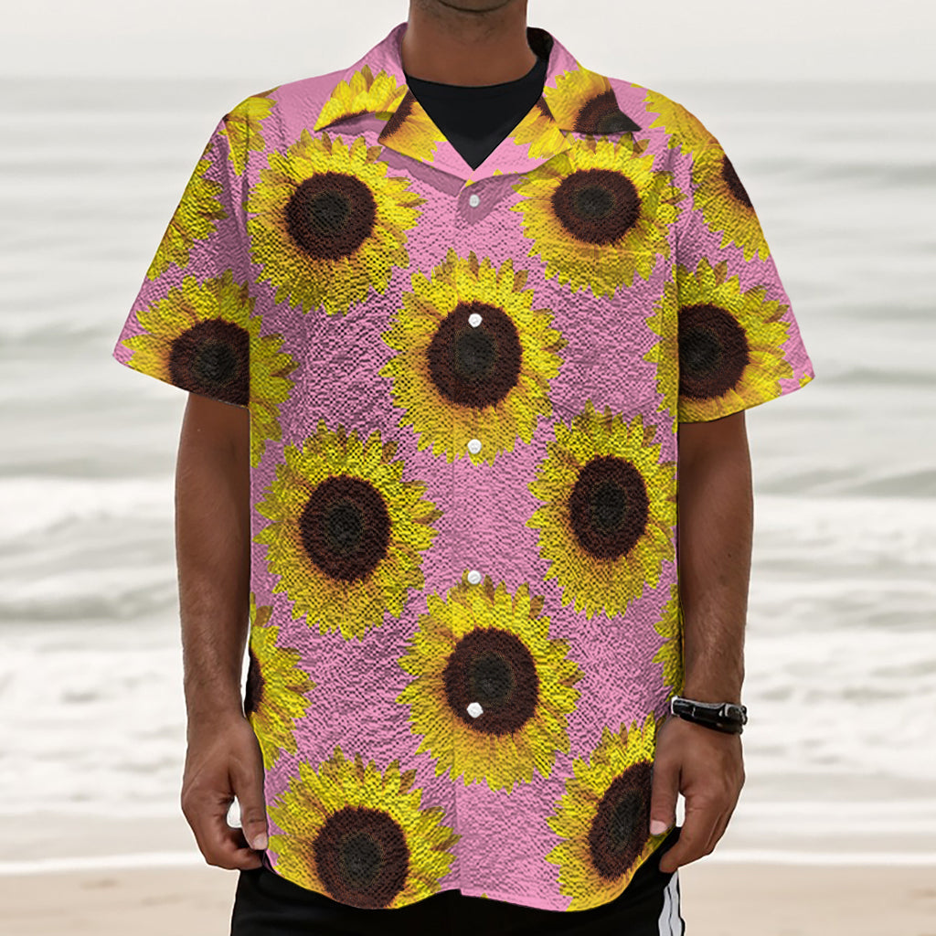 Pink Sunflower Pattern Print Textured Short Sleeve Shirt