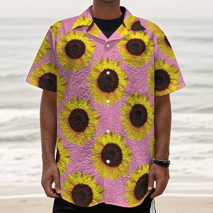 Pink Sunflower Pattern Print Textured Short Sleeve Shirt