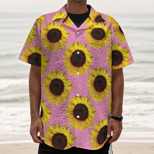 Pink Sunflower Pattern Print Textured Short Sleeve Shirt
