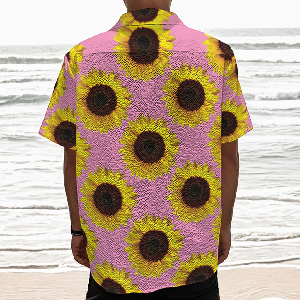 Pink Sunflower Pattern Print Textured Short Sleeve Shirt