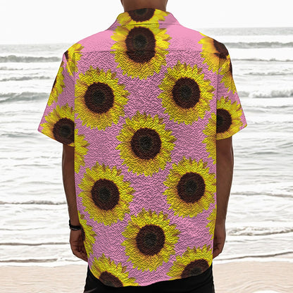 Pink Sunflower Pattern Print Textured Short Sleeve Shirt