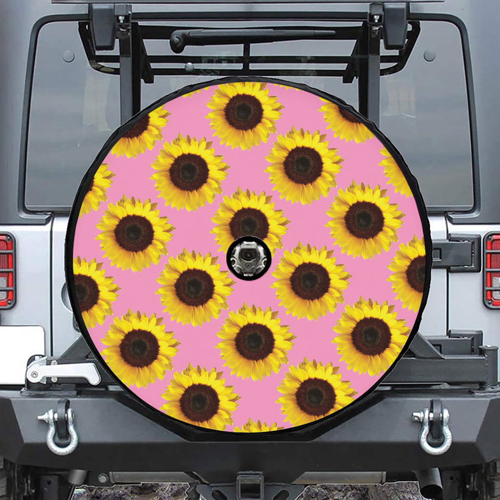 Pink Sunflower Pattern Print Tire Cover With Camera Hole