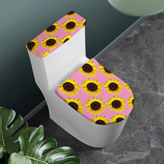 Pink Sunflower Pattern Print Toilet Lid And Tank Cover Set