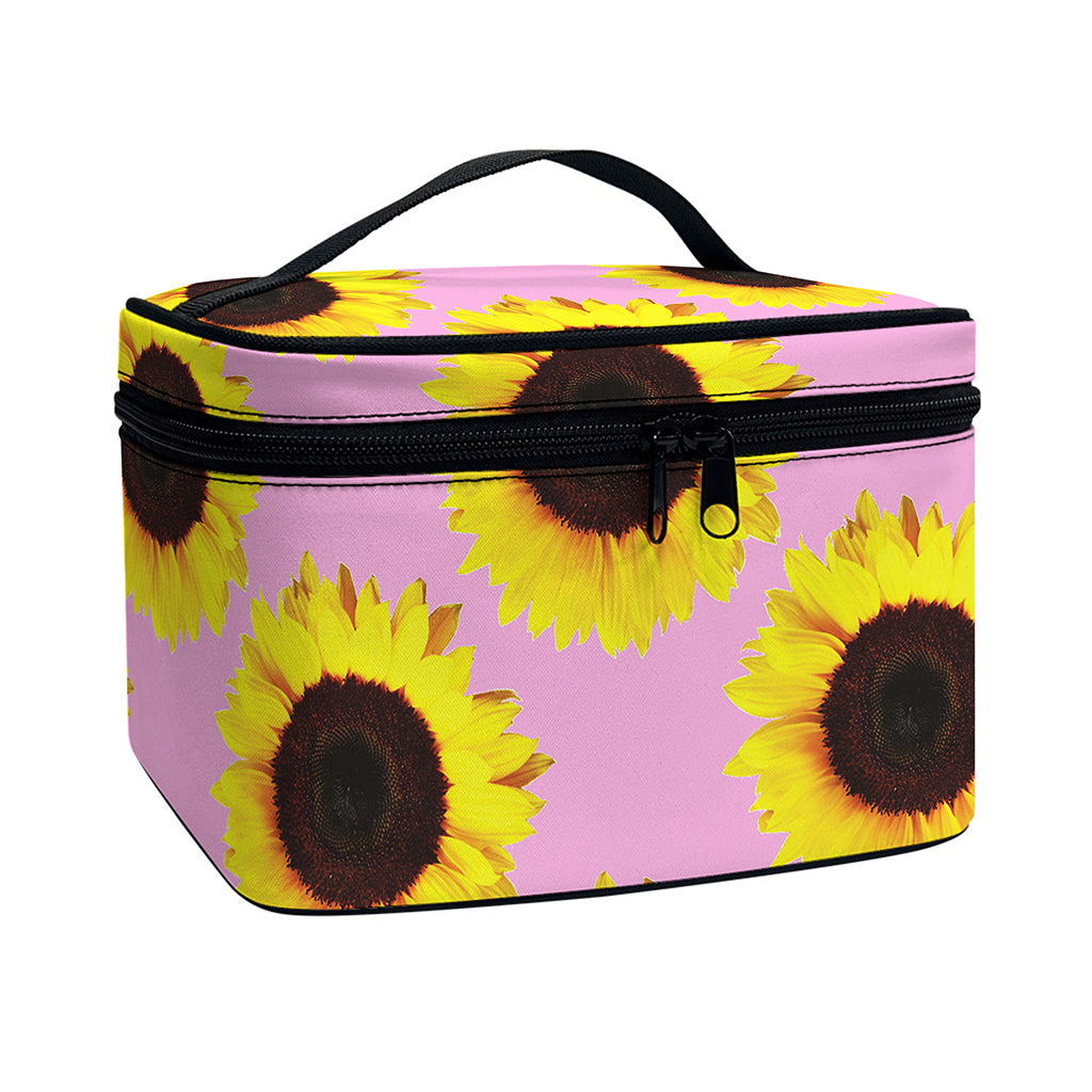 Pink Sunflower Pattern Print Travel Makeup Bag