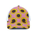 Pink Sunflower Pattern Print White Mesh Trucker Hat