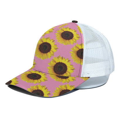 Pink Sunflower Pattern Print White Mesh Trucker Cap