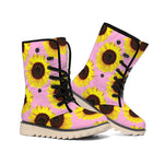 Pink Sunflower Pattern Print Winter Boots