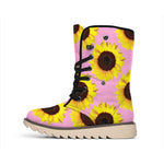 Pink Sunflower Pattern Print Winter Boots