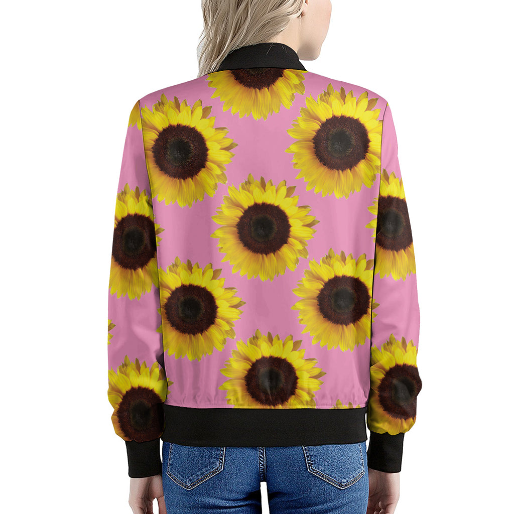 Pink Sunflower Pattern Print Women's Bomber Jacket