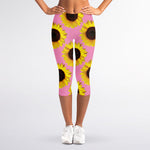 Pink Sunflower Pattern Print Women's Capri Leggings