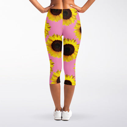 Pink Sunflower Pattern Print Women's Capri Leggings
