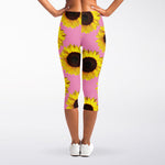 Pink Sunflower Pattern Print Women's Capri Leggings