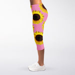 Pink Sunflower Pattern Print Women's Capri Leggings