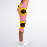 Pink Sunflower Pattern Print Women's Capri Leggings