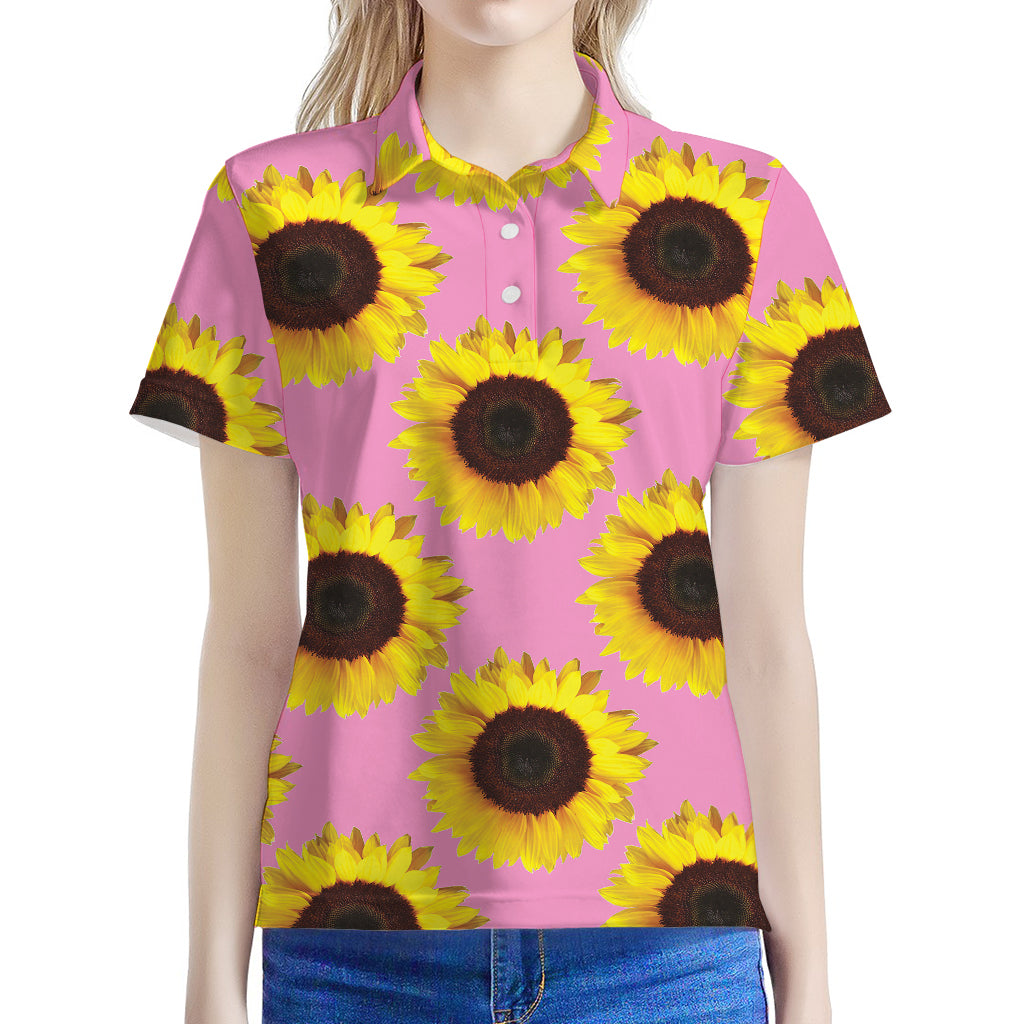 Pink Sunflower Pattern Print Women's Polo Shirt