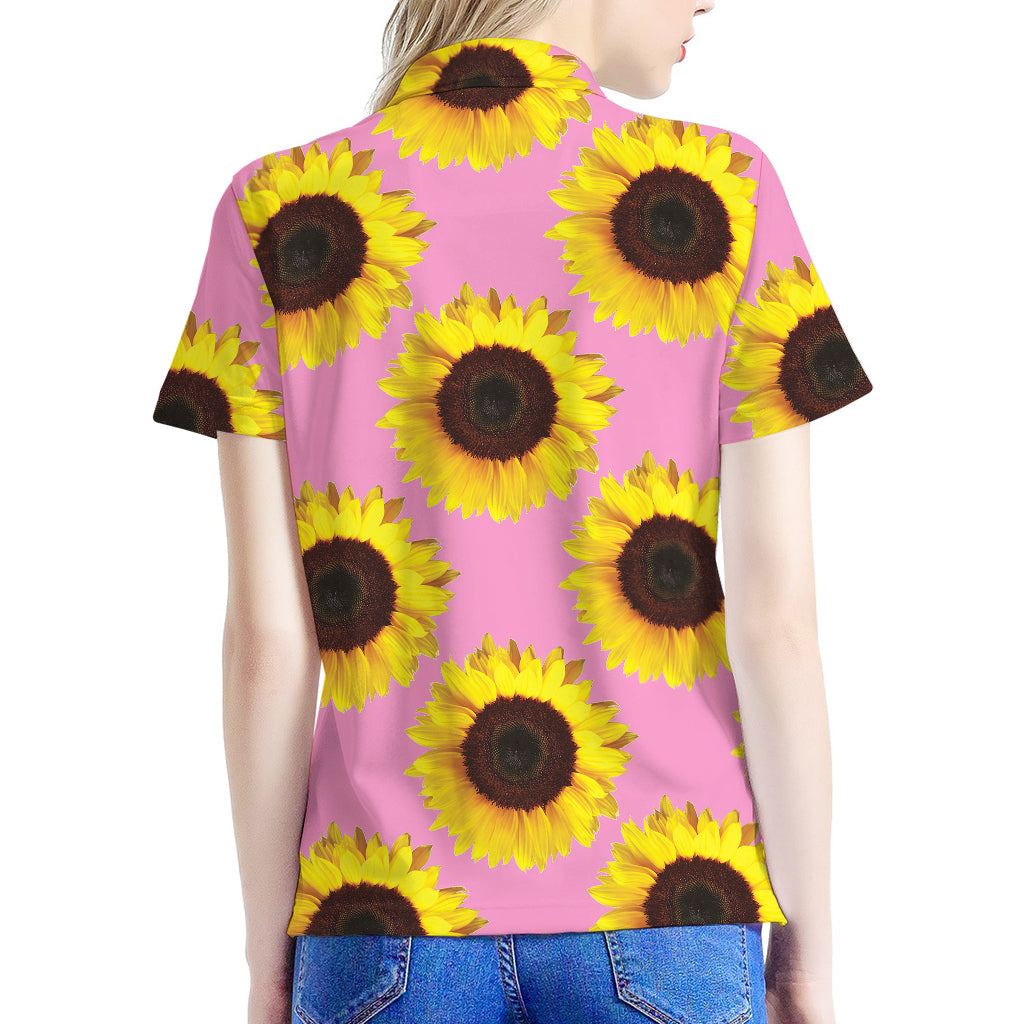 Pink Sunflower Pattern Print Women's Polo Shirt