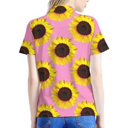 Pink Sunflower Pattern Print Women's Polo Shirt