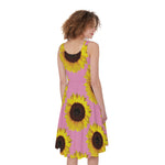 Pink Sunflower Pattern Print Women's Sleeveless Dress