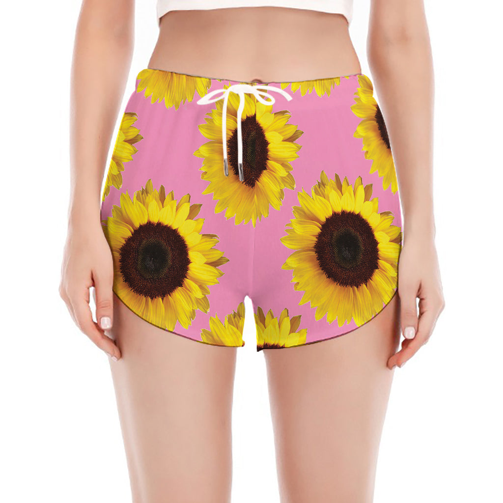 Pink Sunflower Pattern Print Women's Split Running Shorts