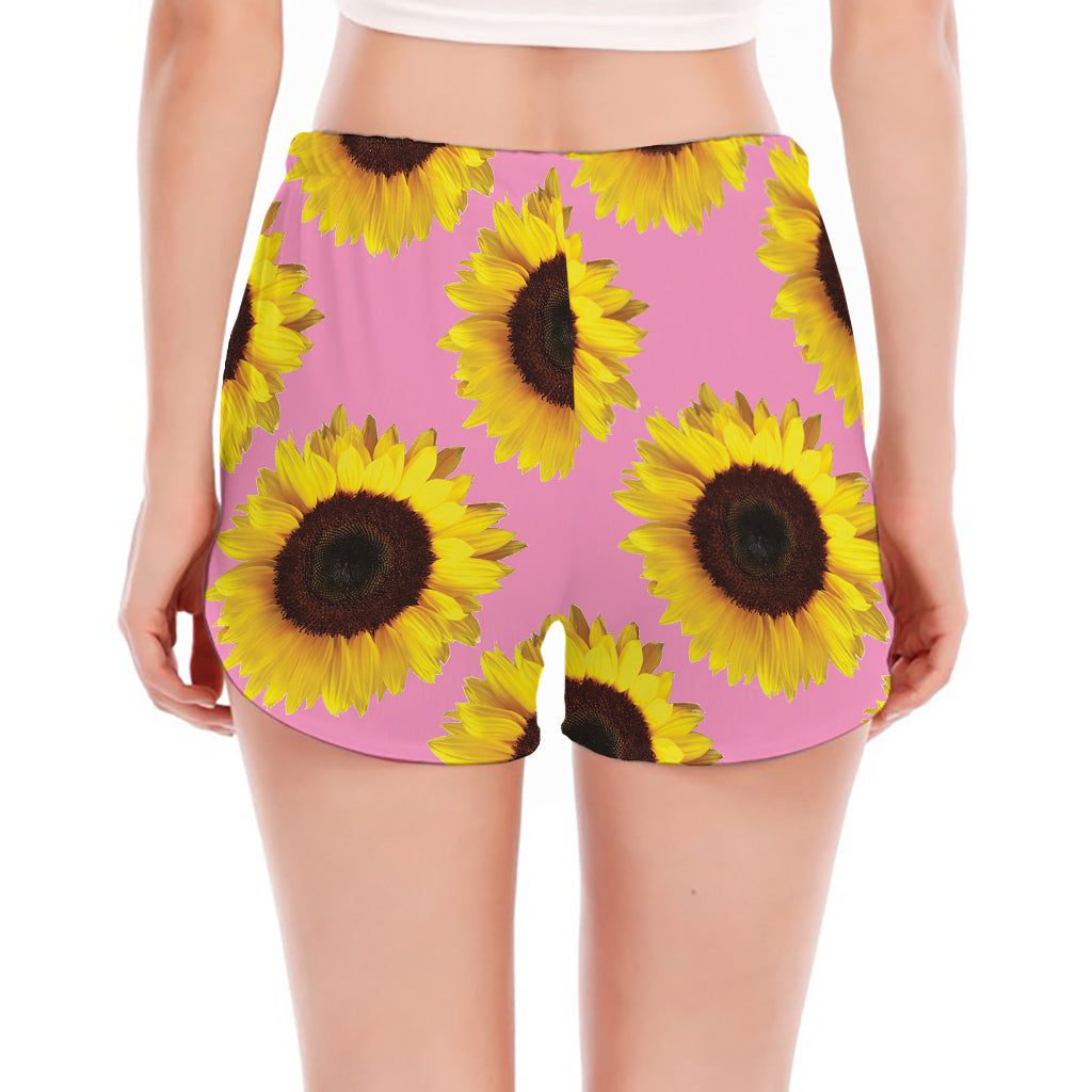 Pink Sunflower Pattern Print Women's Split Running Shorts