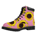 Pink Sunflower Pattern Print Padded Collar Lace Up Boots