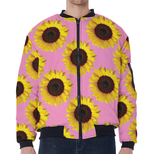 Pink Sunflower Pattern Print Zip Sleeve Bomber Jacket