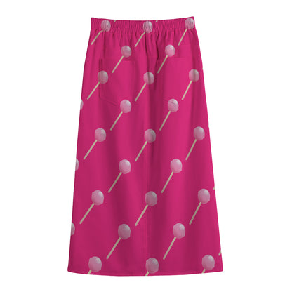 Pink Sweet Lollipop Pattern Print Cotton Front Slit Maxi Skirt