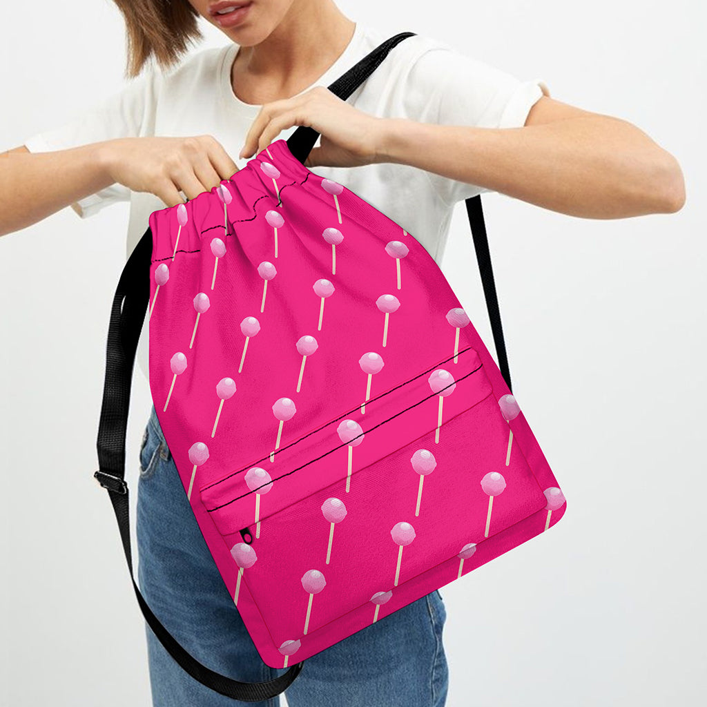 Pink Sweet Lollipop Pattern Print Drawstring Backpack