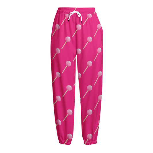 Pink Sweet Lollipop Pattern Print Fleece Lined Knit Pants
