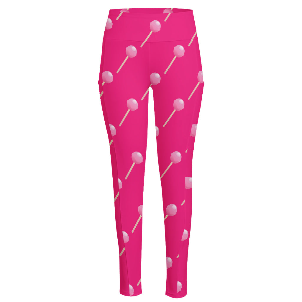Pink Sweet Lollipop Pattern Print High-Waisted Pocket Leggings
