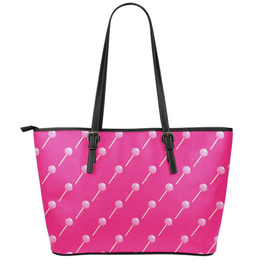 Pink Sweet Lollipop Pattern Print Leather Tote Bag
