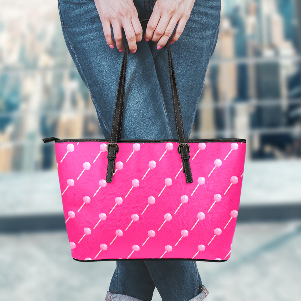 Pink Sweet Lollipop Pattern Print Leather Tote Bag